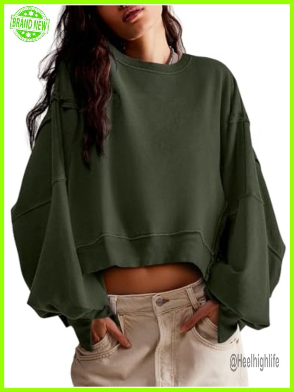 Women's Loose Fit Crop Sweatshirt Long Sleeve Crew Neck Pullover